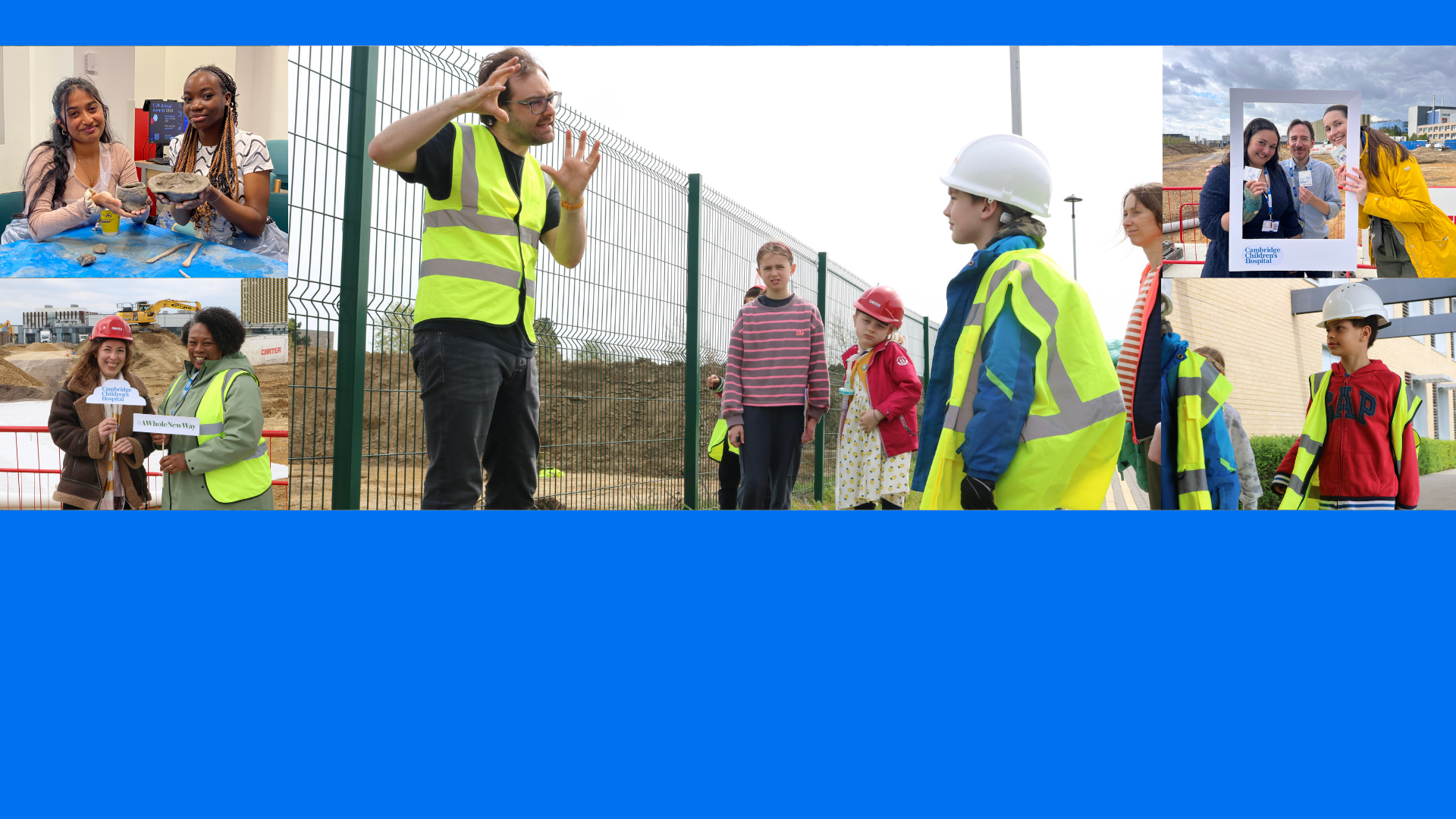 A montage of photos of people standing next to a building site and hearing about the new hospital. There are children in hard hats and NHS staff taking selfies