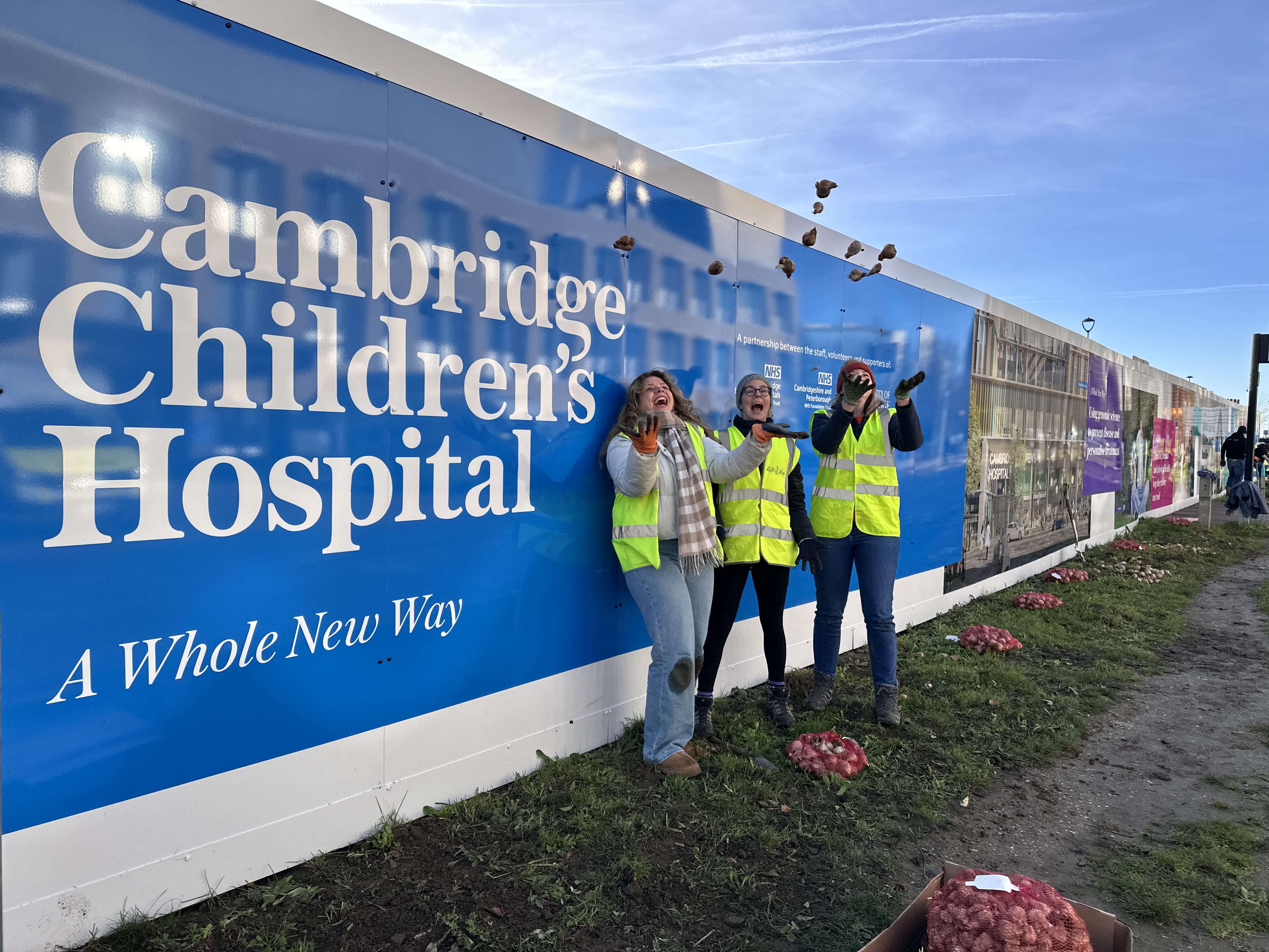 Three people throwing daffodil bulbs in the air and laughing. They are in front of the hoardings which say Cambridge Children's Hospital in massive letters