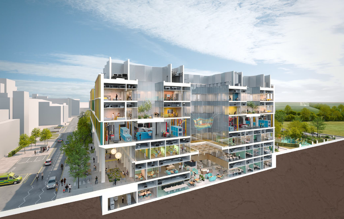 A cutaway of Cambridge Children's Hospital. You can see all the different rooms and also the big garden at the back of the hospital