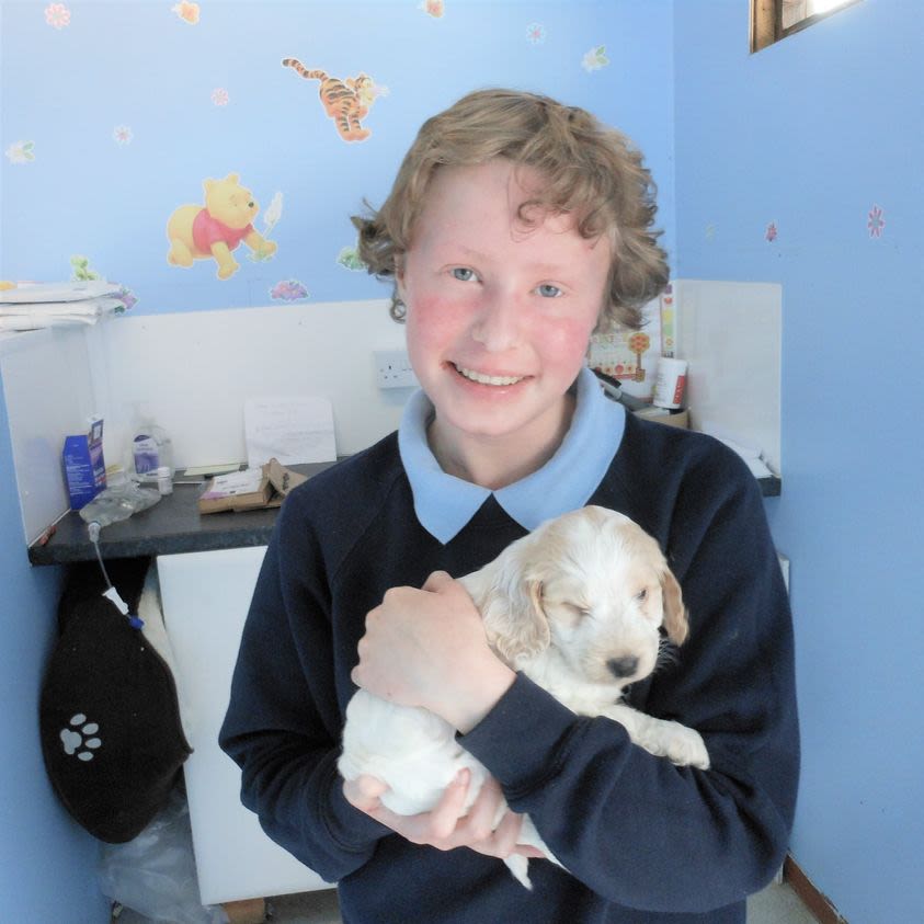 Jess in hospital holding her new puppy. Jess's hair is short and curly.