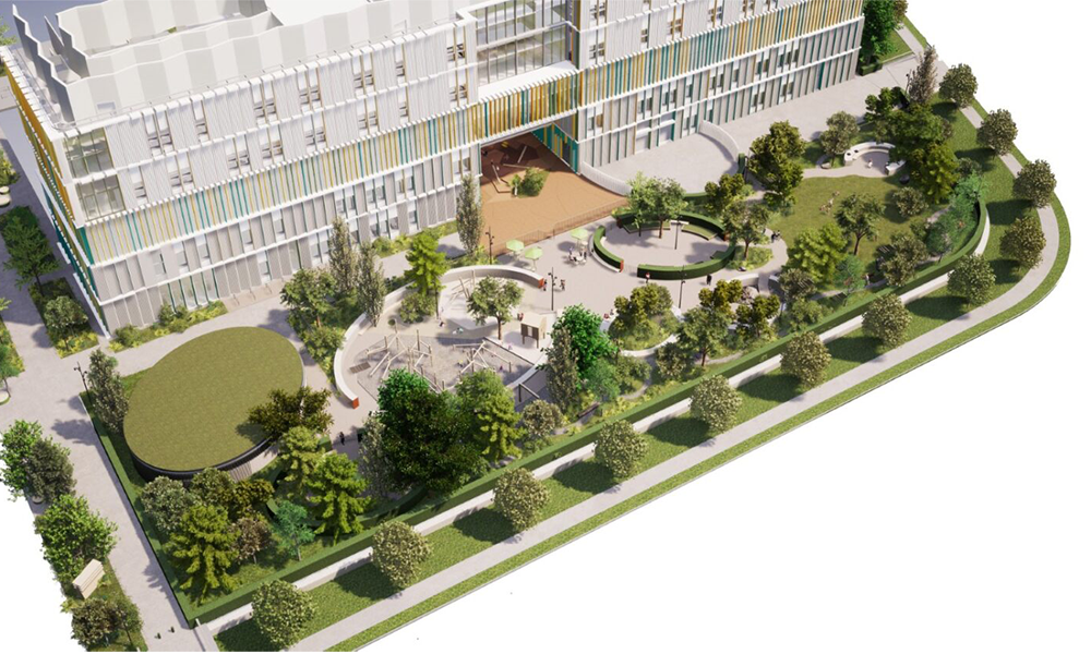 An architect impression of the Cambridge Children's Hospital garden. It has lots of trees and play spaces. 