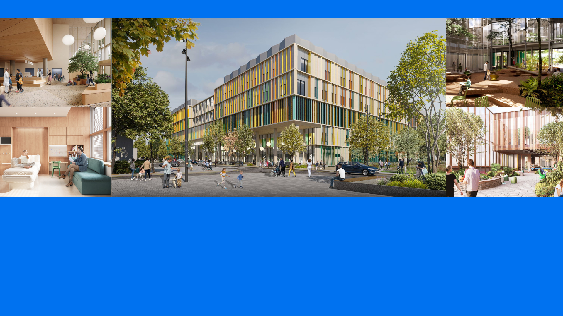 An architect image of a corner view of Cambridge Children's Hospital, with a brightly coloured facade, lots of windows and greenery