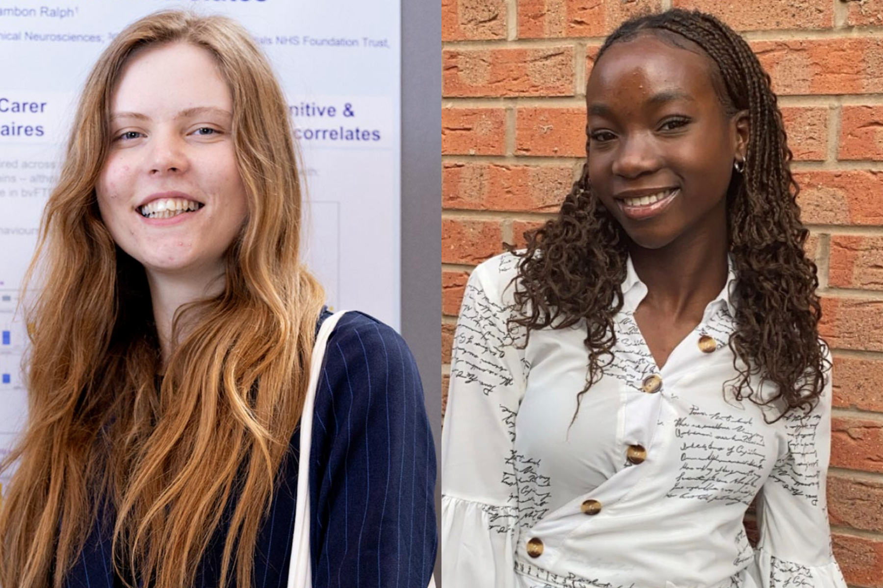A photo of a young white woman with long gingery hair and smiling, alongside a photo of a young black woman with long curly hair and a white patterned shirt.