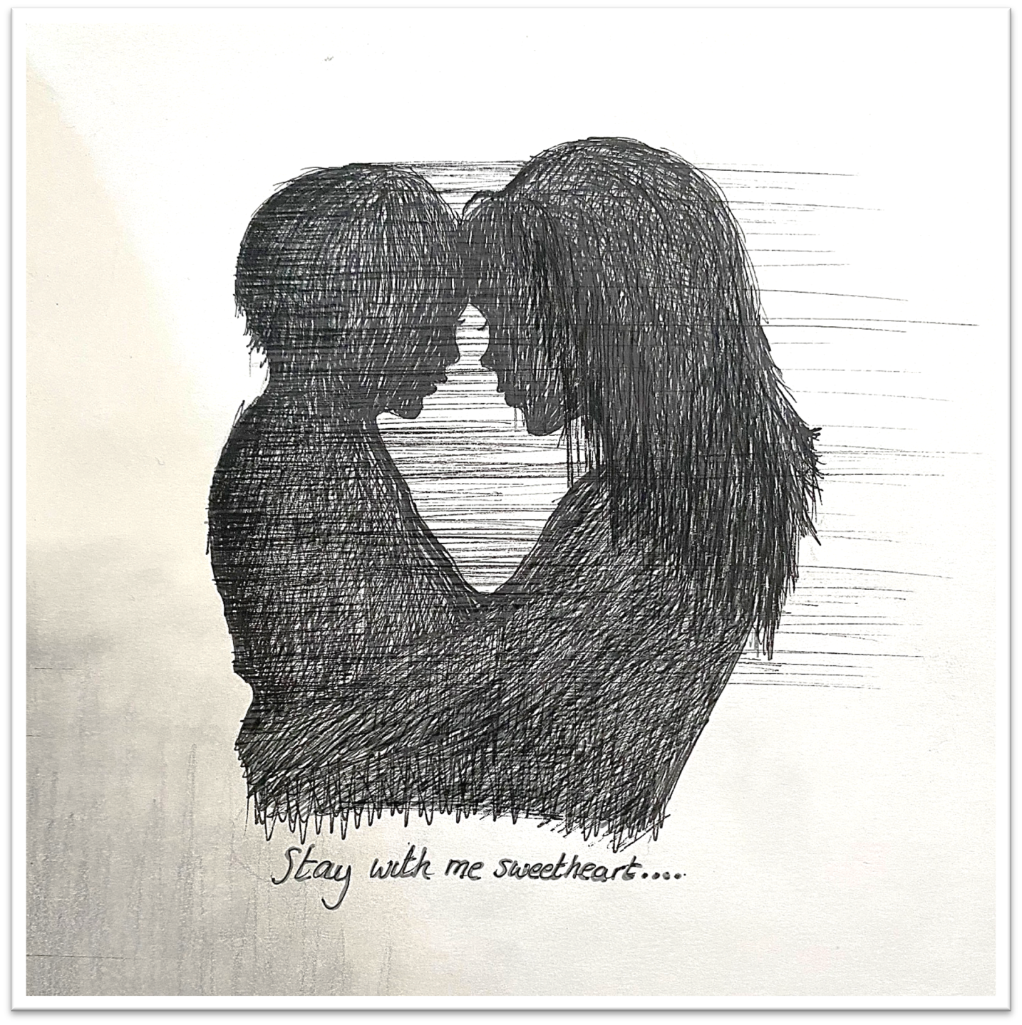 A pencil drawing of a mother and child